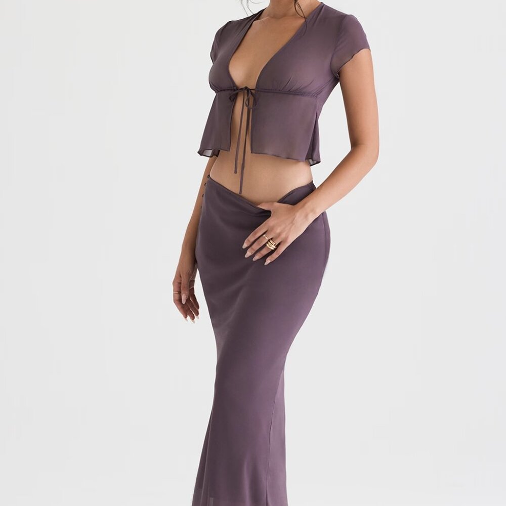 House of CB Maia Tie Front Top & Dyana Bias Cut Maxi Skirt Set | Dark Mauve